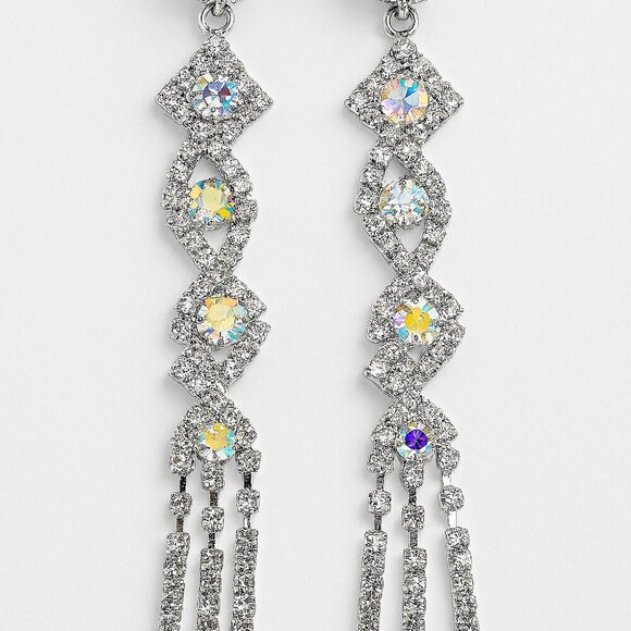 Dazzling AB Rhinestone  Post Drop Earrings – 3 Inch Length - Picture 1 of 4